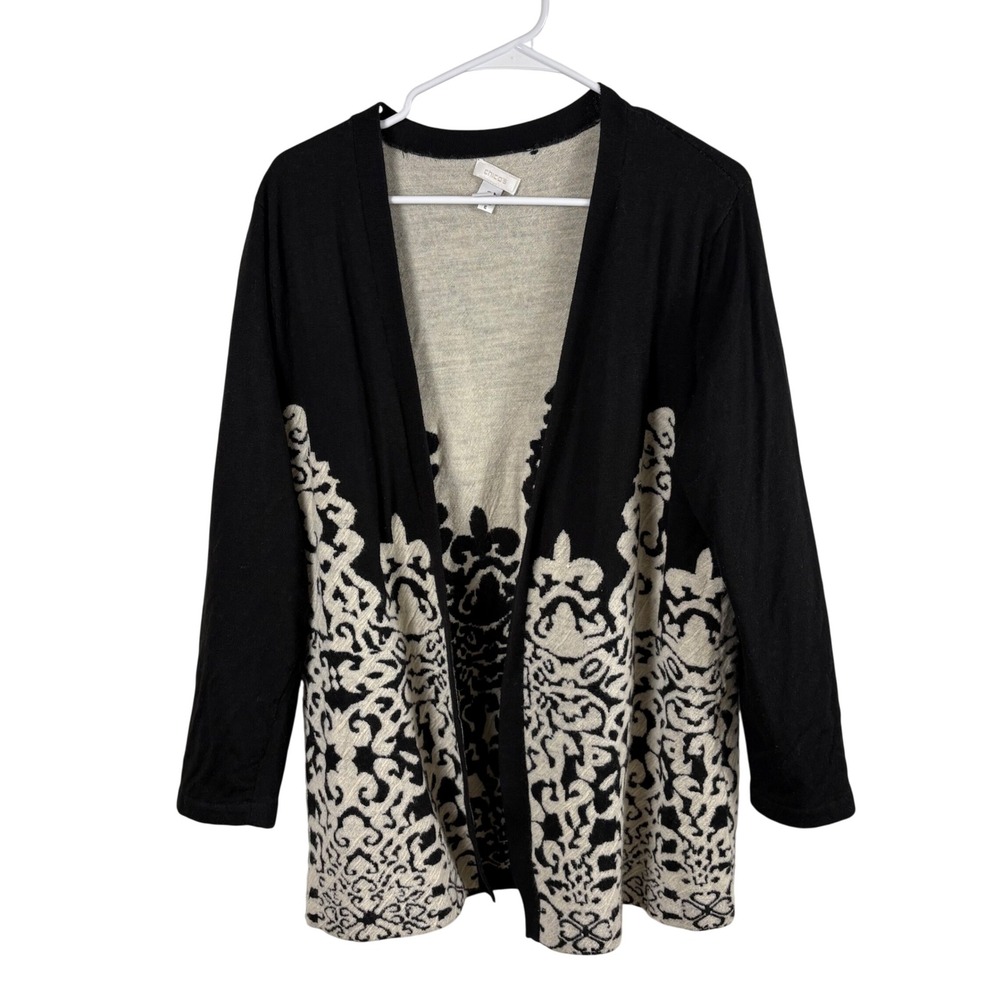 Chico's Open Cardigan Women's 2/L Black Cream Wool Blend Intarsia Boho Layering